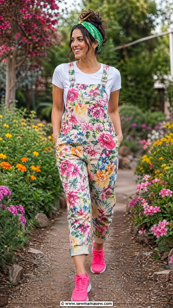 Floral Overalls and Neon Sneakers Outfit - 35 Dopamine dressing outfit ideas
