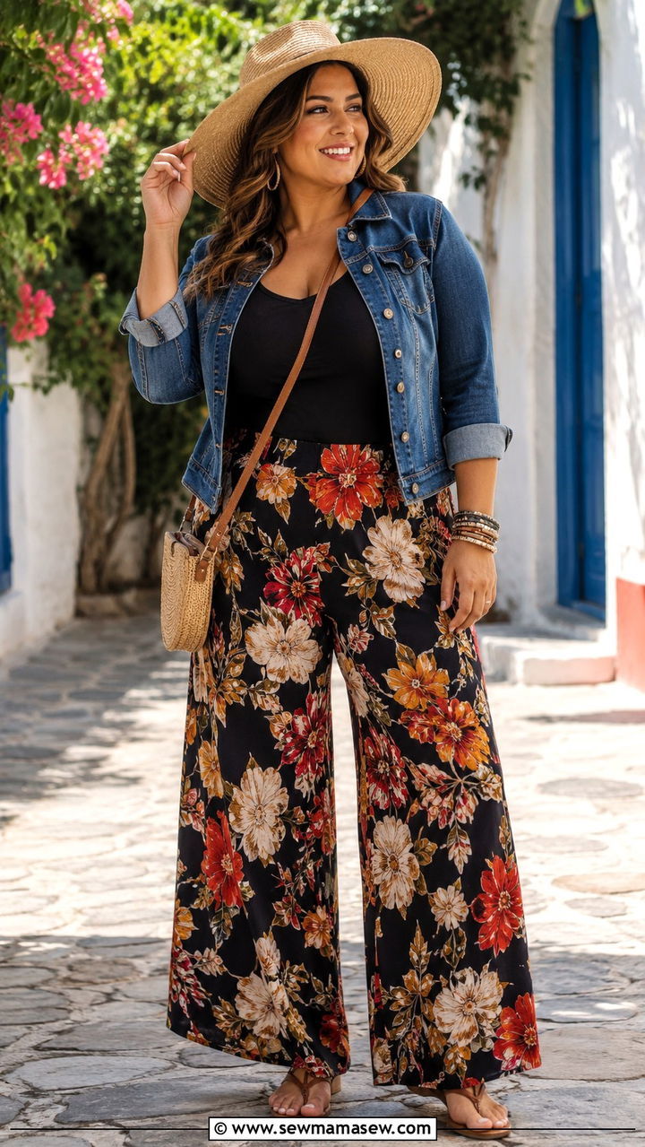 Floral Palazzo Pants With Denim Jacket - 30 Boho outfits for curvy women