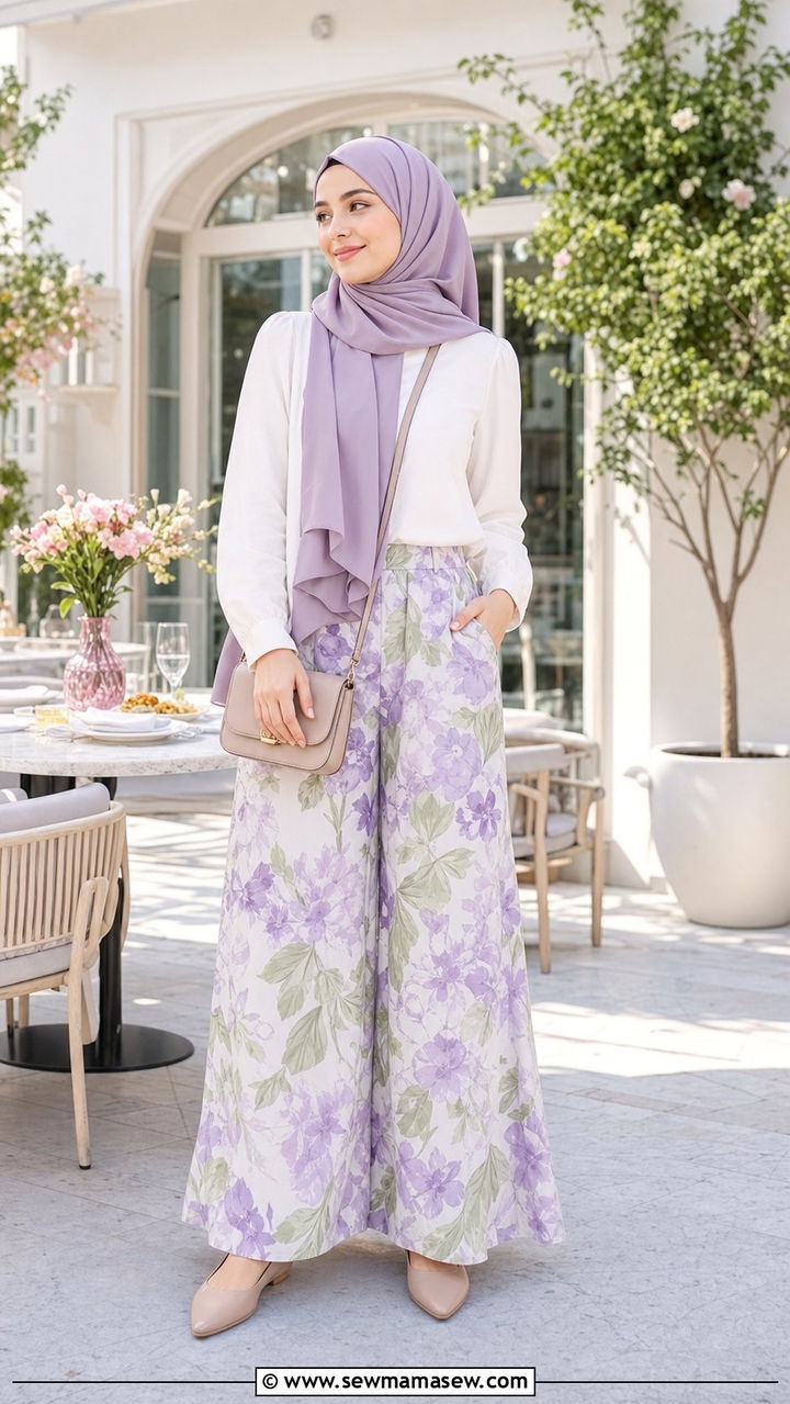 Floral Palazzo Pants With White Blouse Outfit - 25 spring outfits for hijab women
