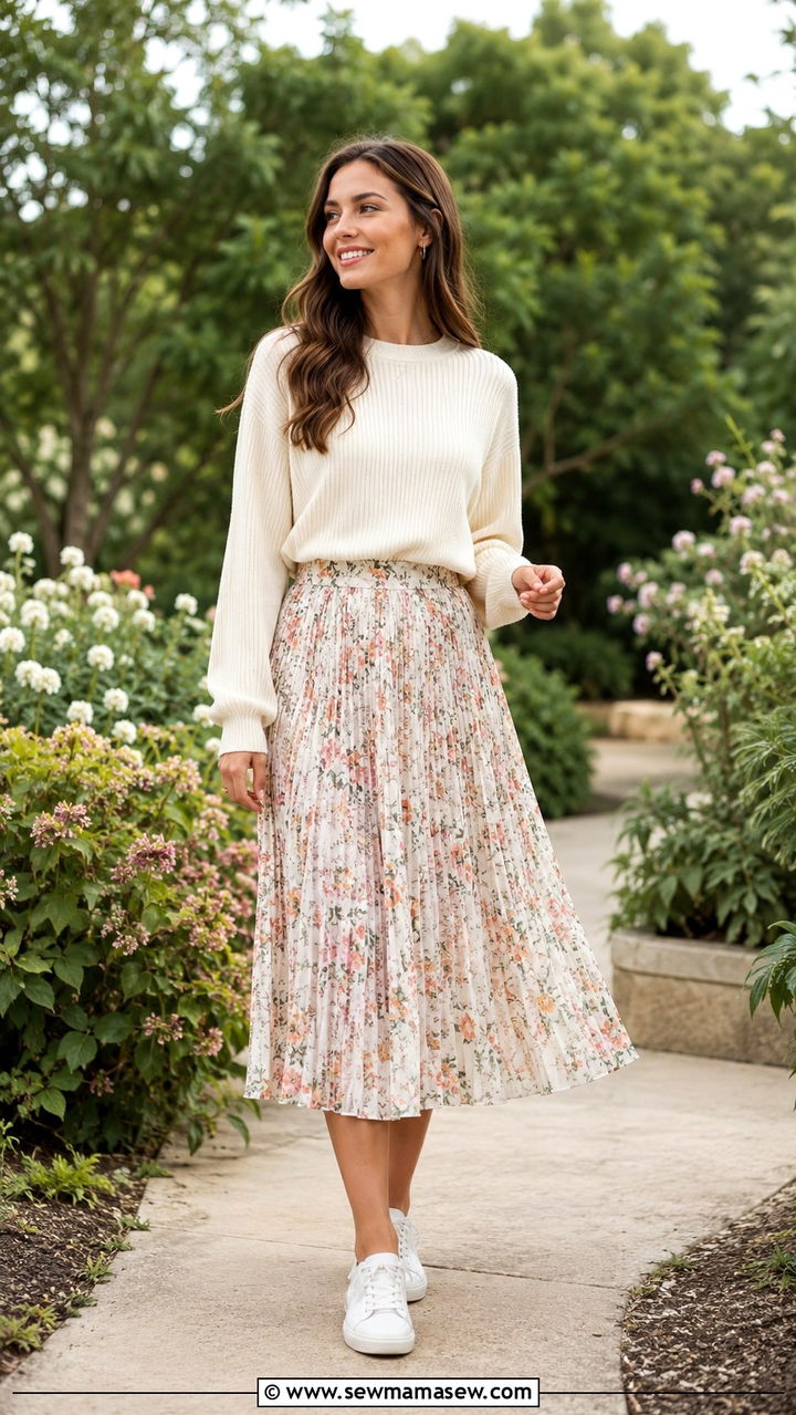 Floral Pleated Midi Skirt With Sneakers And Solid Sweater - 30 Pleated midi skirt outfit ideas with sneakers