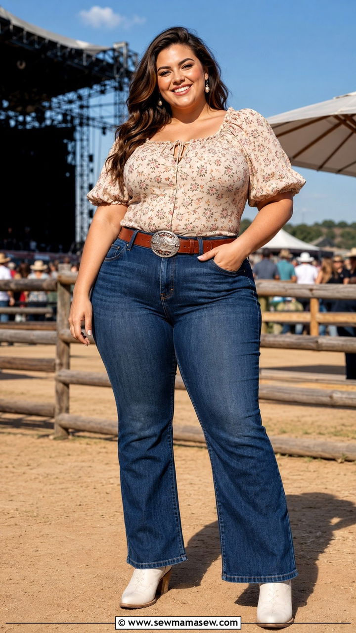 Floral Prairie Blouse With Bootcut Jeans - 25 Western outfit ideas plus size