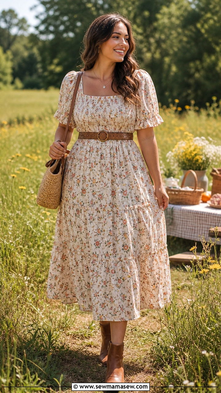 Floral Prairie Dress With Brown Leather Ankle Boots - 20 Cottagecore outfits for pear shape
