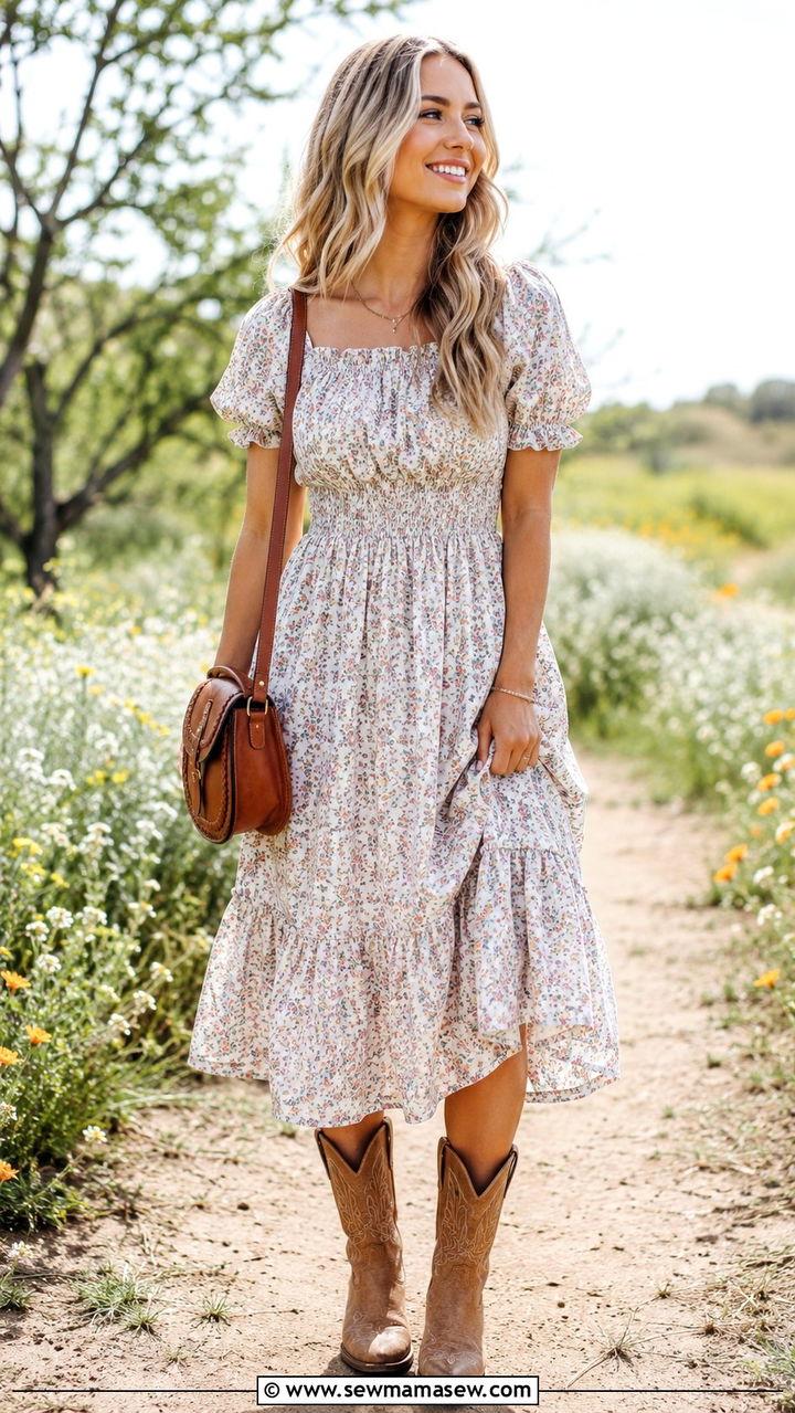 Floral Prairie Dress With Tan Cowboy Boots - 30 spring western outfit ideas