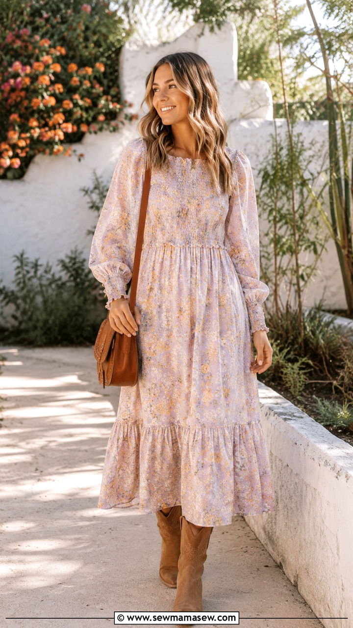 Floral Prairie Dress With Tan Cowboy Boots - 30 spring western outfits