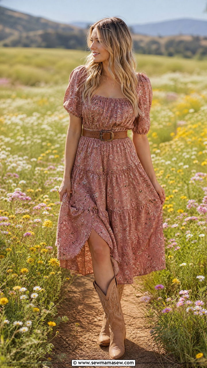 Floral Prairie Dress with Cowboy Boots Outfit - 30 Country spring outfits