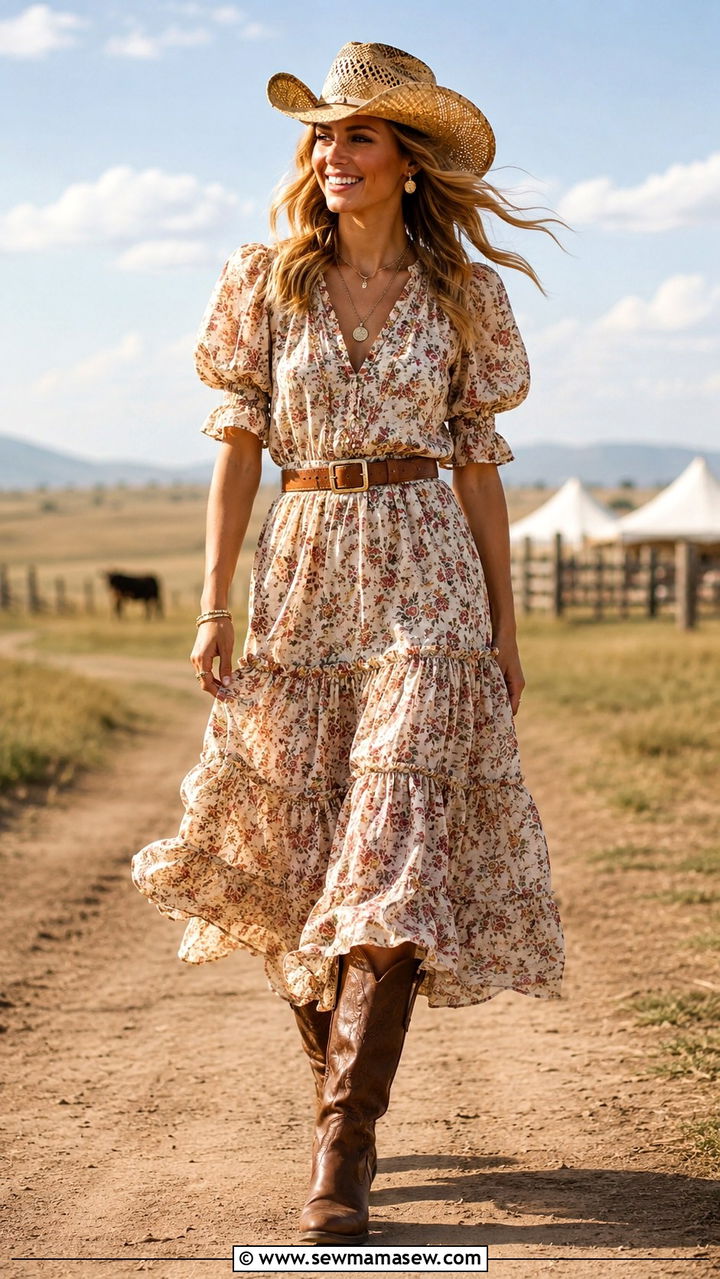 Floral Prairie Dress with Tall Cowboy Boots - 25 Western outfit ideas for rodeo