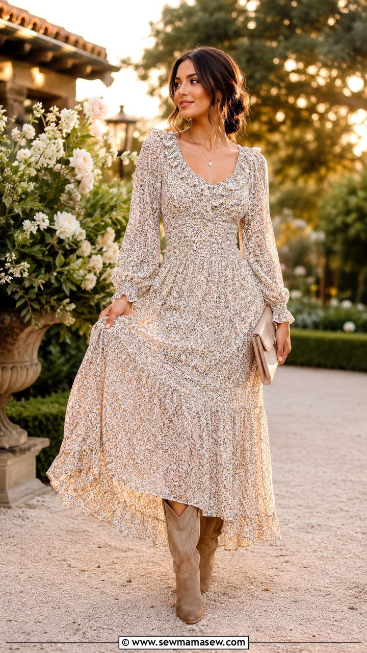Floral Prairie Maxi Dress With Stacked Heel Boots - 25 Western outfit ideas for women 2026