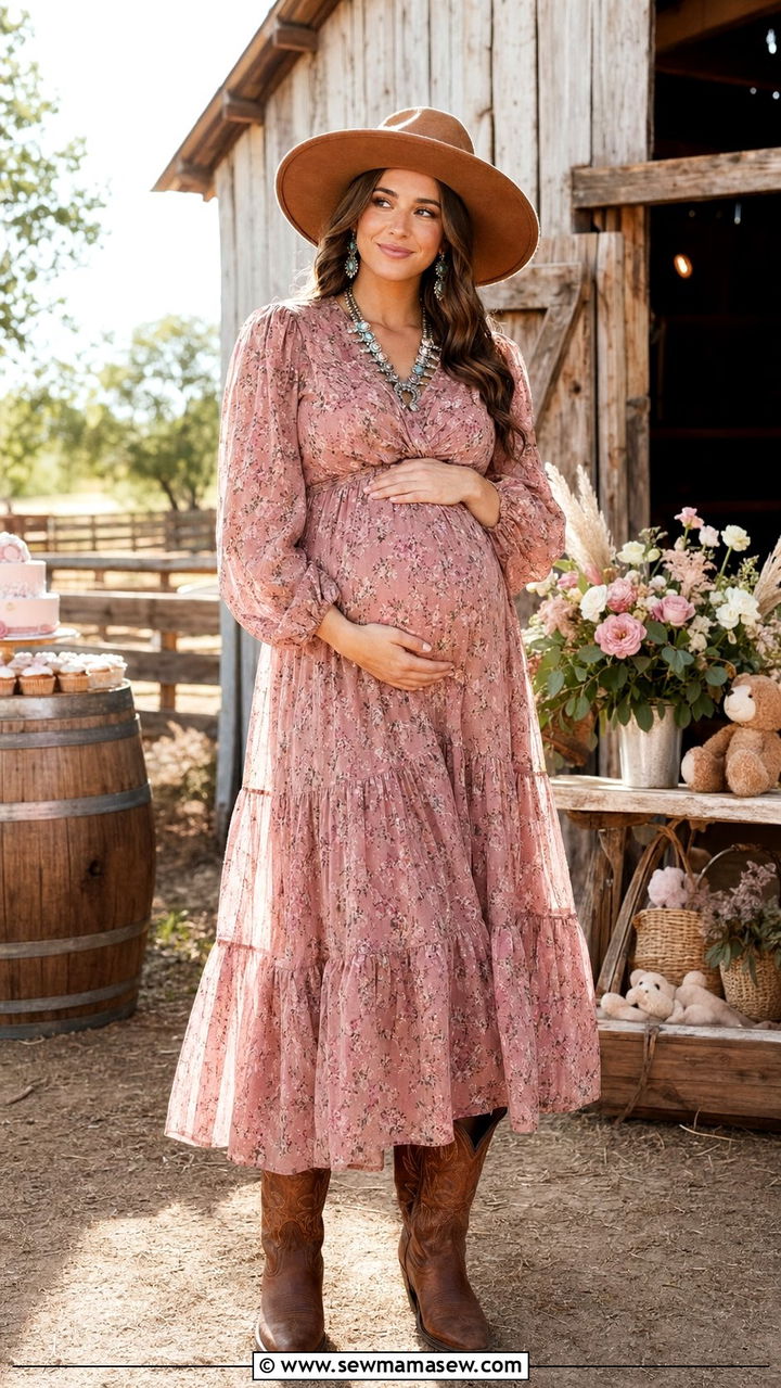 Floral Prairie Maxi Dress and Cowboy Boots Western Baby Shower - 35 Baby shower outfit ideas