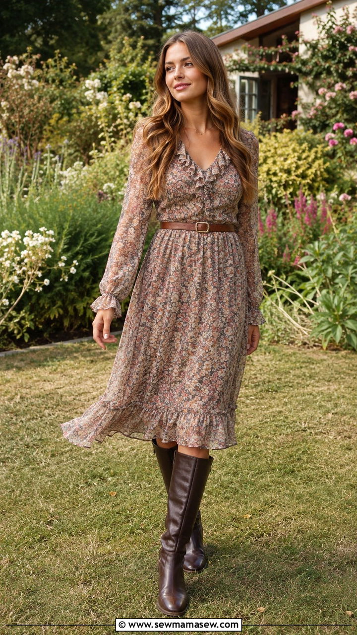 Floral Prairie Midi Dress With Riding Boots - 20 Western outfit ideas Kacey Musgraves style