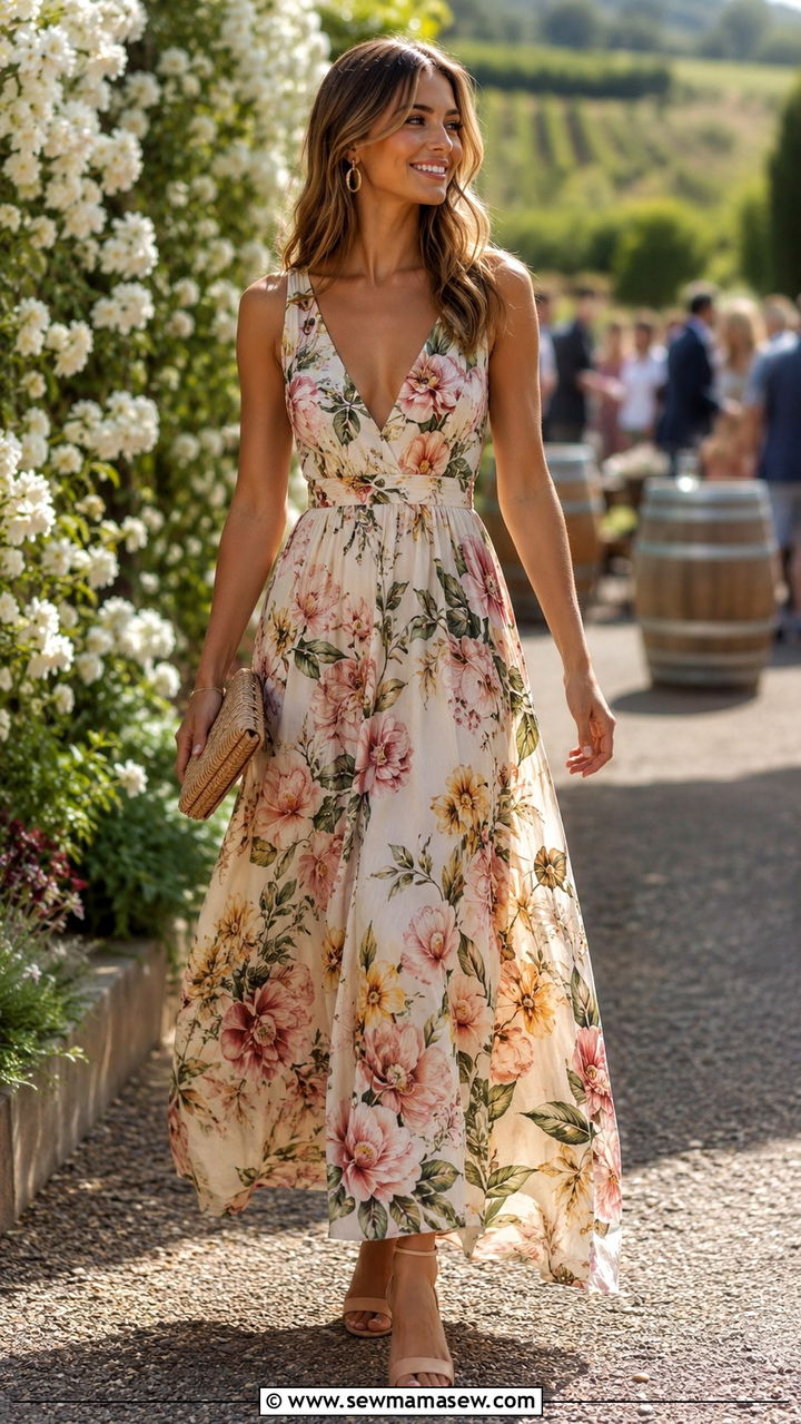 Floral Print A Line Maxi with Straw Clutch - 25 Wedding guest outfit ideas A line dress