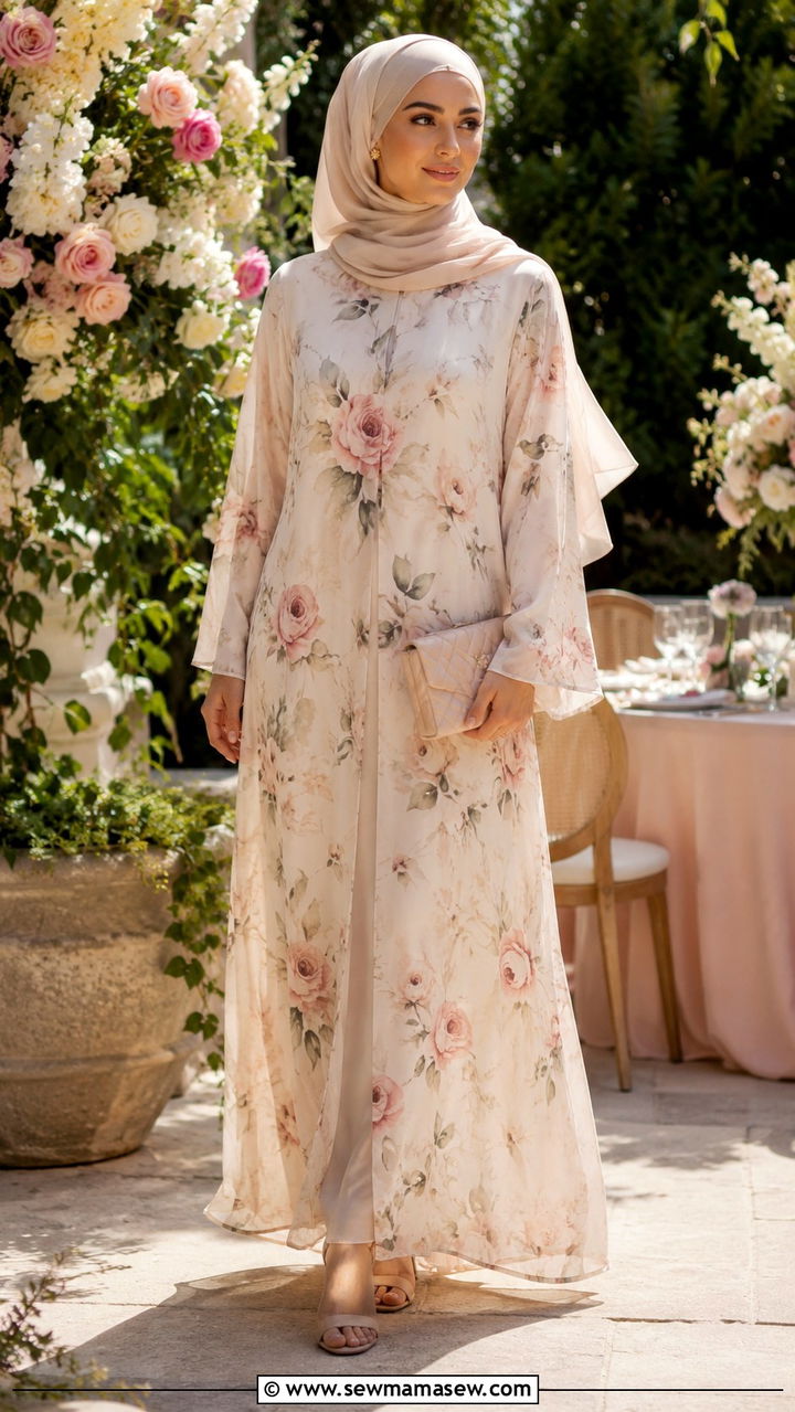 Floral Print Abaya With Nude Heels - 30 Modest outfit ideas with abaya