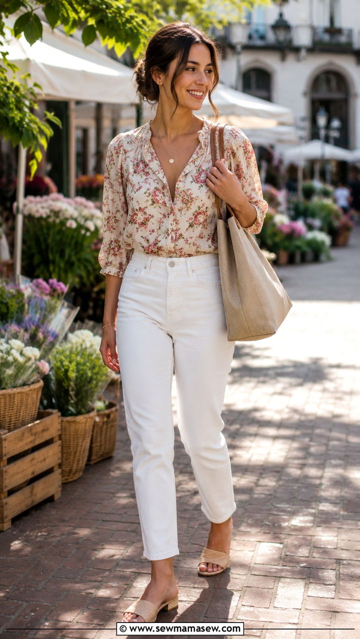 Floral Print Blouse With High Waist White Jeans And Slide Sandals - 30 classy romantic outfit ideas