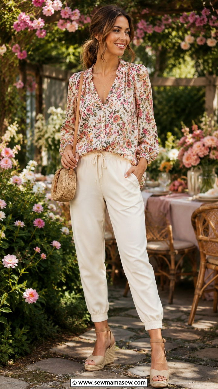 Floral Print Blouse With Joggers and Espadrille Wedges - 30 Spring outfits with joggers