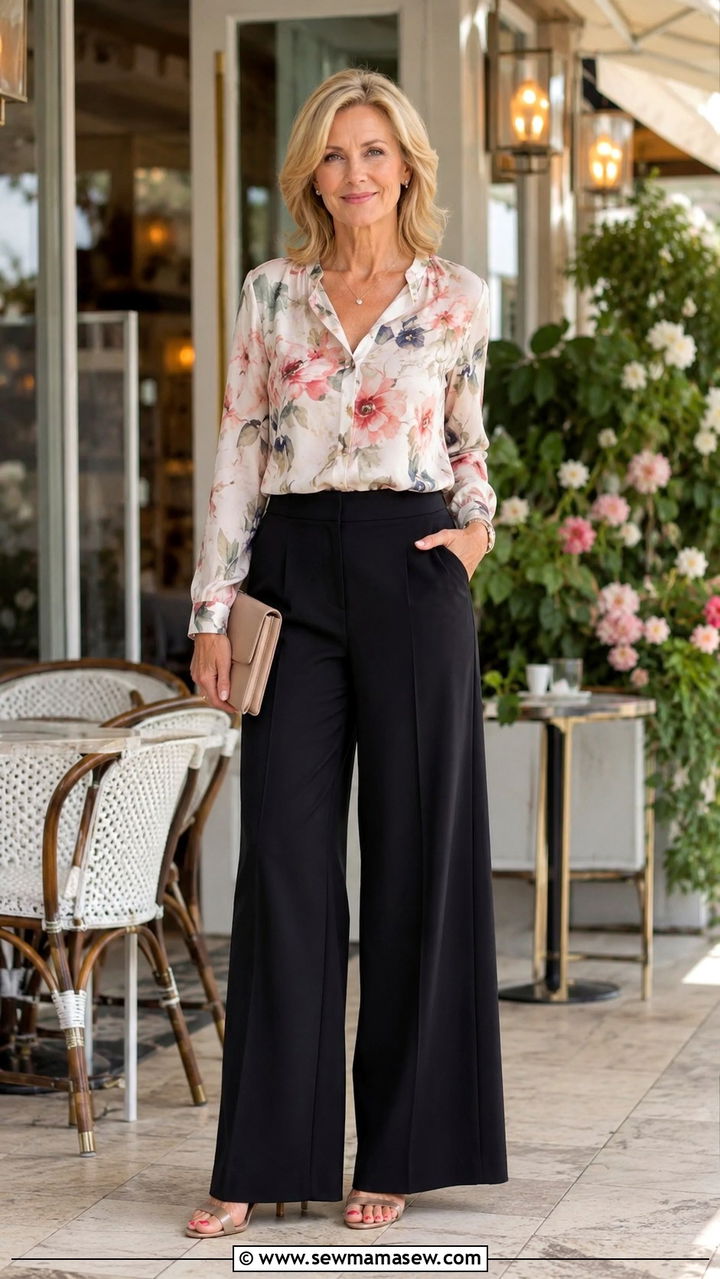 Floral Print Blouse With Neutral Wide Leg Pants - 30 Chic outfits for women over 50