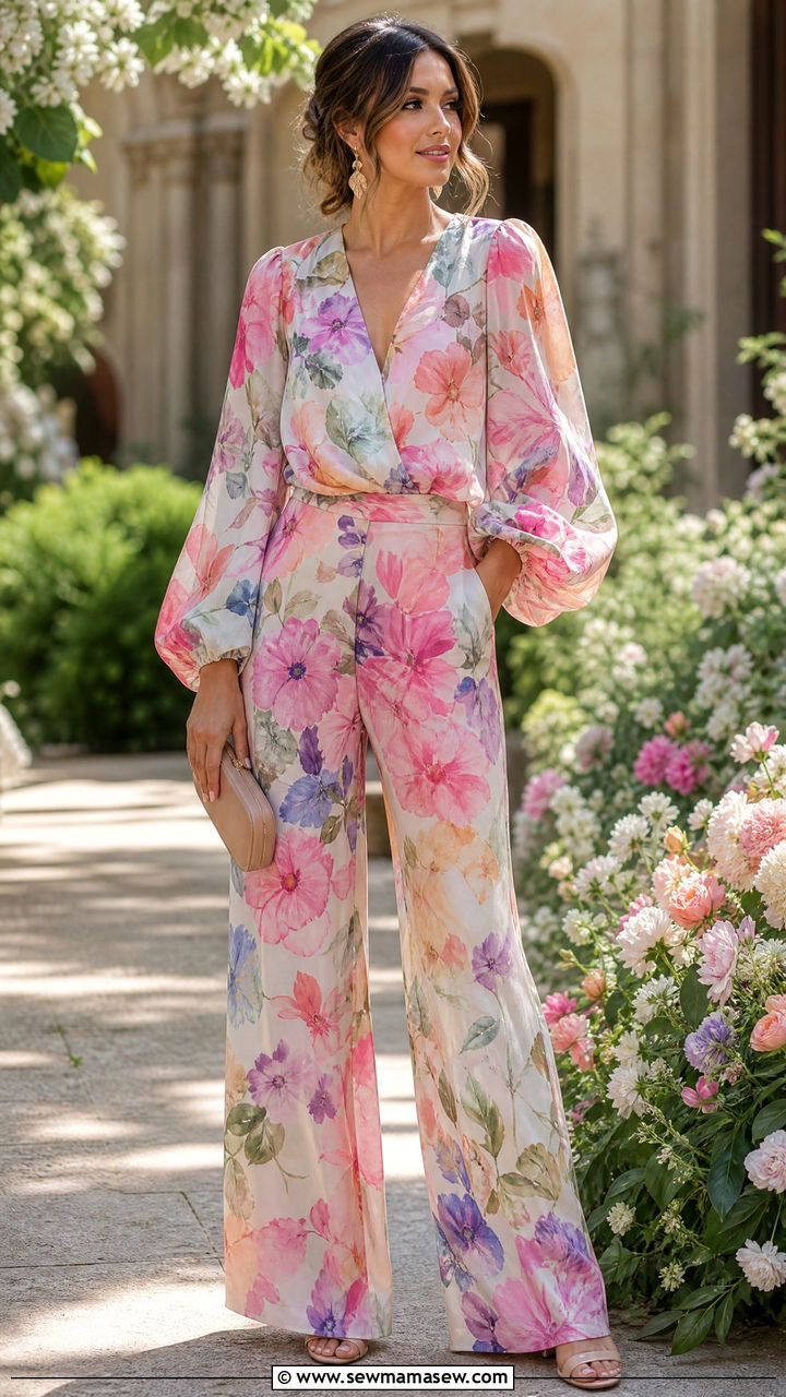 Floral Print Blouse and Wide Leg Pants Set - 30 Matching set outfit ideas spring