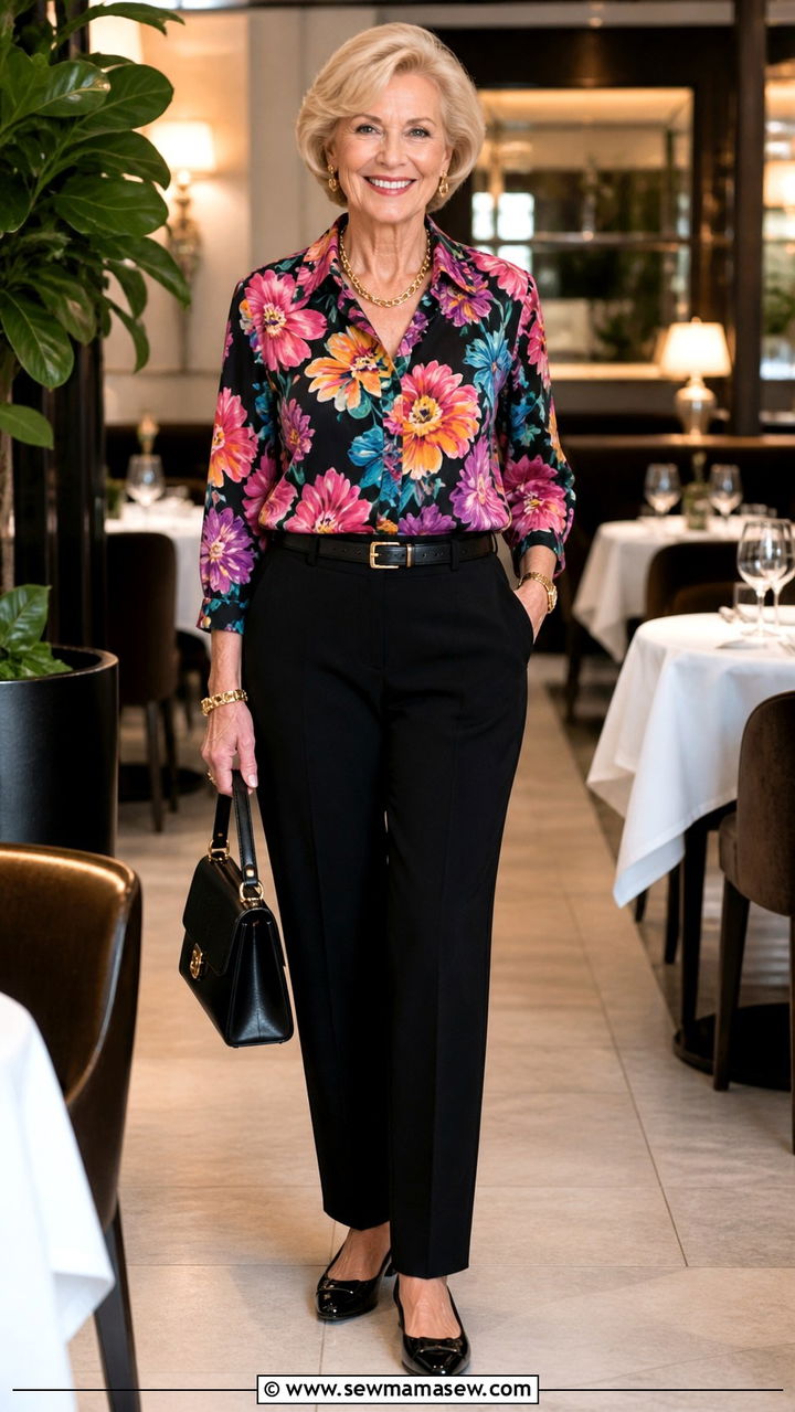 Floral Print Blouse with Black Tailored Trousers - 40 Spring outfit ideas for women over 60 2026