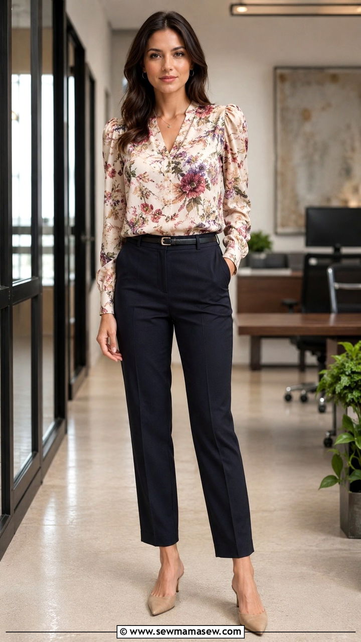 Floral Print Blouse with Dark Straight Leg Pants - 25 Outfit ideas for small bust and wide hips