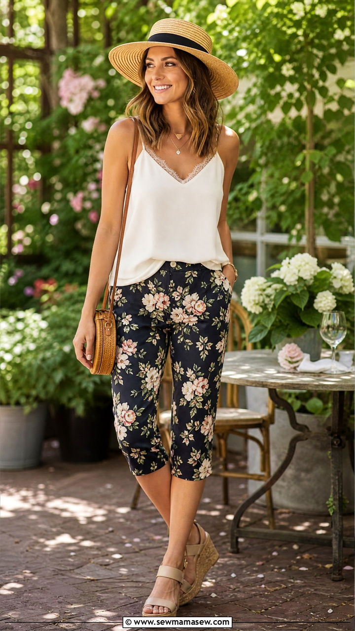 Floral Print Capri Pants With Neutral Camisole And Wedge Sandals - 25 Capri outfit ideas