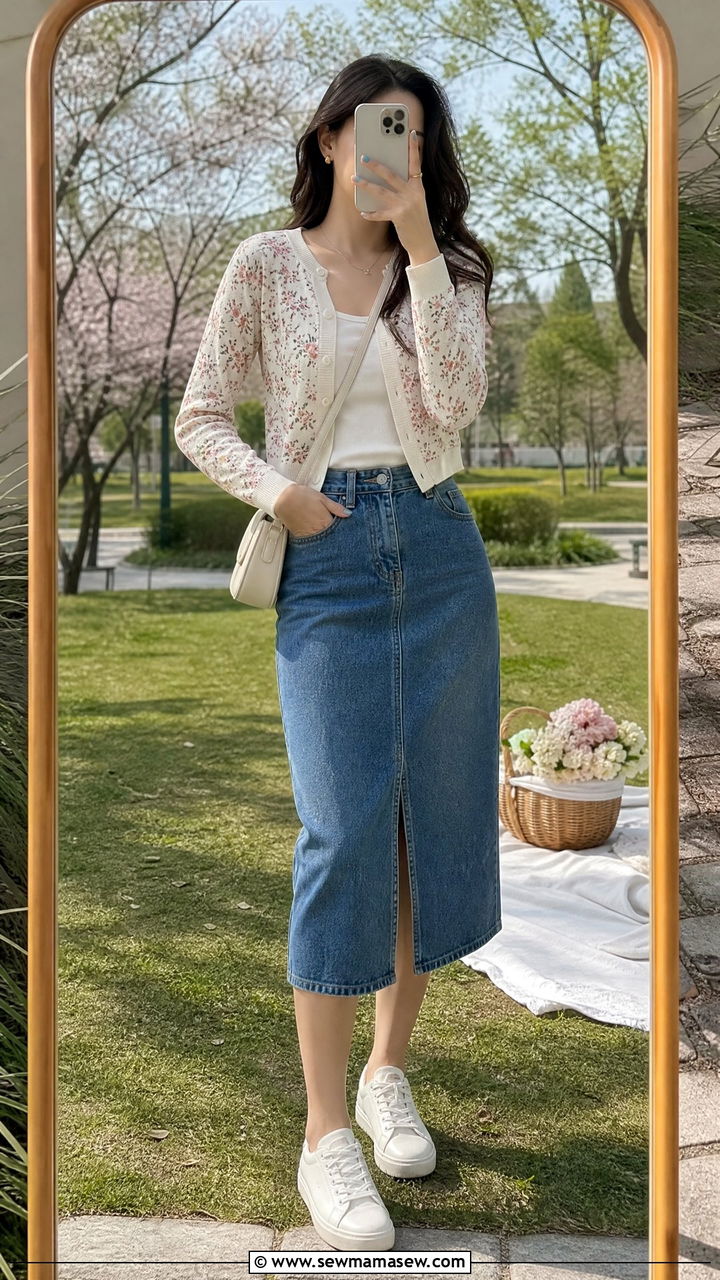 Floral Print Cardigan With Denim Skirt Spring Outfit - 25 How to style a cardigan in spring