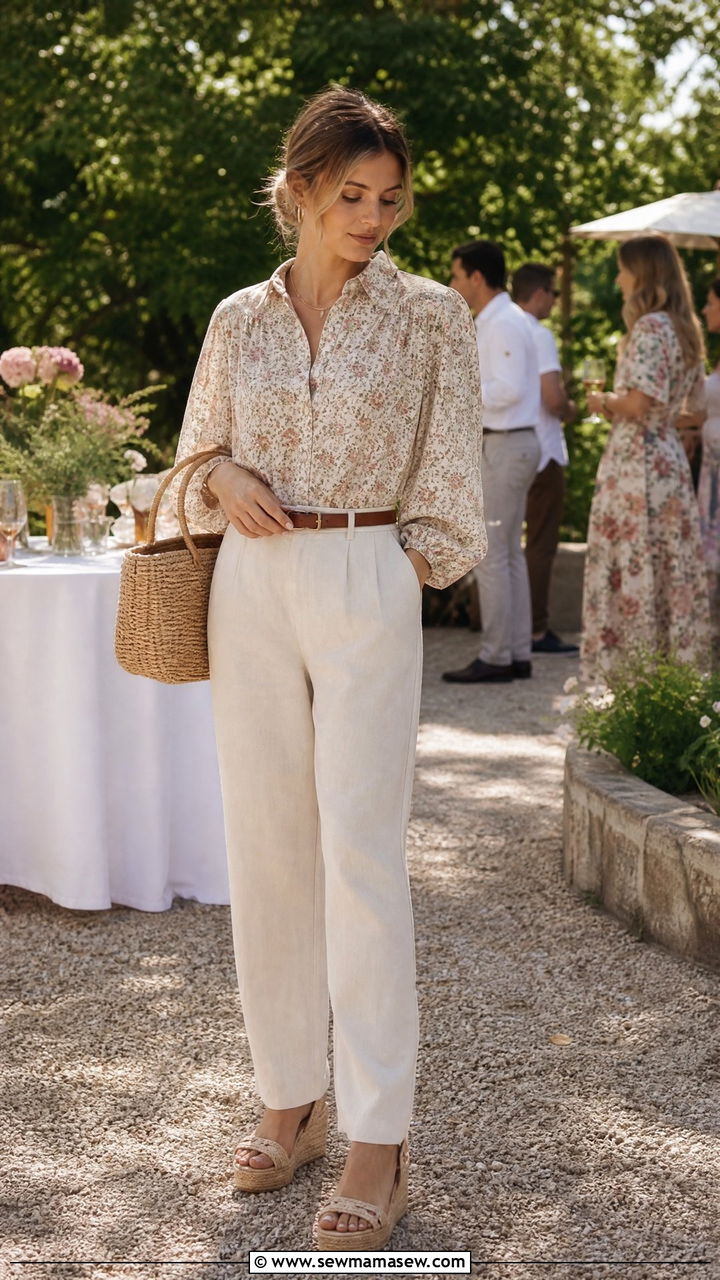 Floral Print Cotton Blouse With Cream Linen Trousers and Woven Wedges - 30 summer light academia outfits