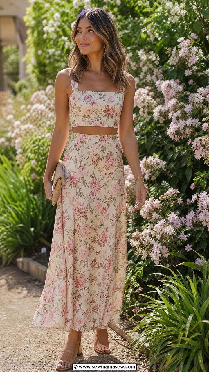 Floral Print Crop Top And High Waist Maxi Skirt - 35 Matching set outfit ideas for wedding guest