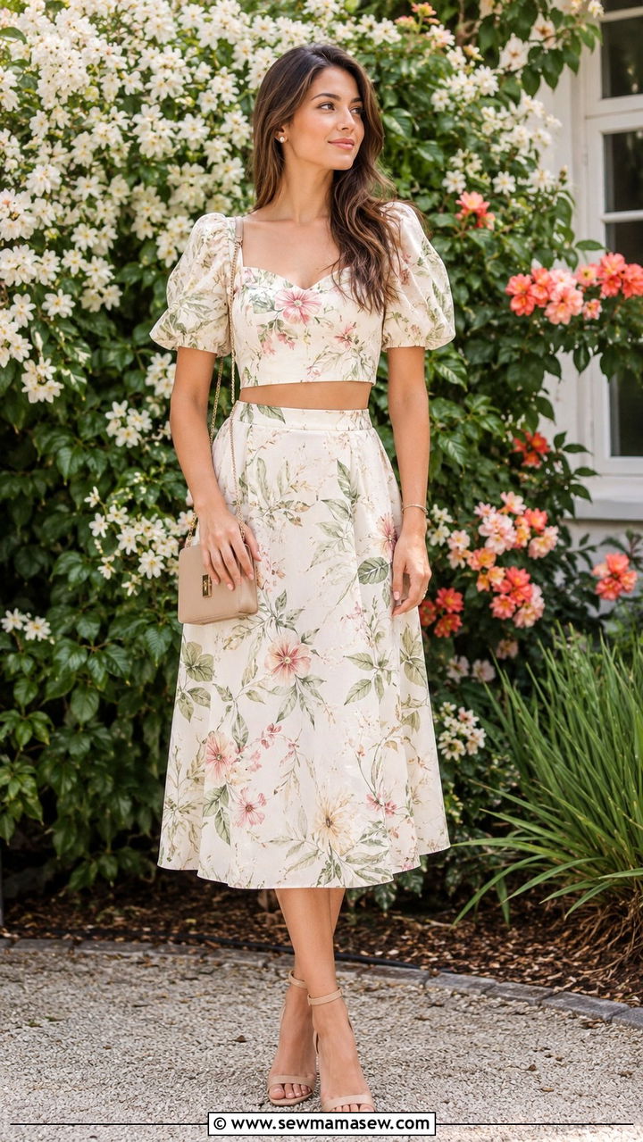Floral Print Crop Top And Midi Skirt - 25 Wedding guest two piece set outfit ideas