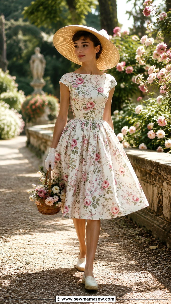 Floral Print Day Dress With Wide Brim Sun Hat and Gloves - 25 Audrey Hepburn outfit ideas