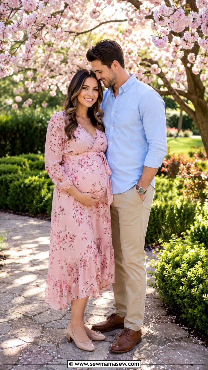 Floral Print Dress Spring Announcement - 20 Baby announcement photo outfit ideas