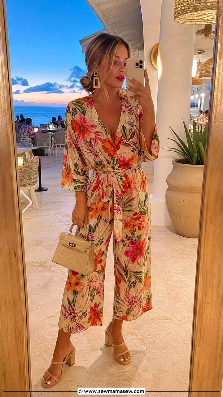 Floral Print Jumpsuit With Block Heel Sandals - 40 What to wear in Turks and Caicos