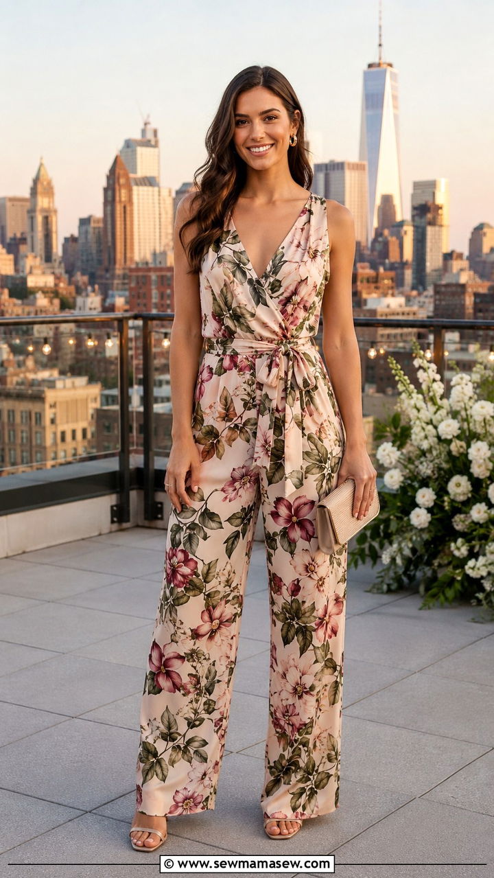 Floral Print Jumpsuit With Heeled Sandals - 25 Wedding guest outfit ideas floral dress 2026