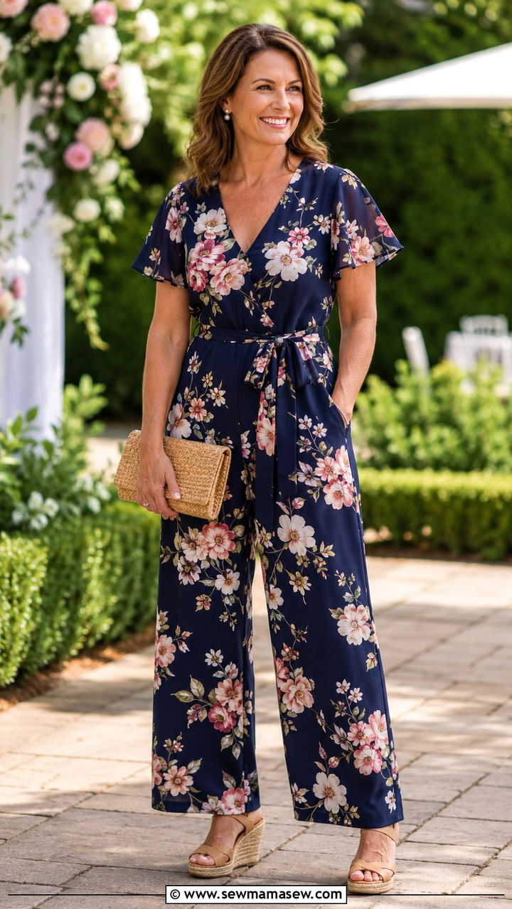 Floral Print Jumpsuit With Wedge Sandals - 30 Jumpsuit outfit ideas for women over 40