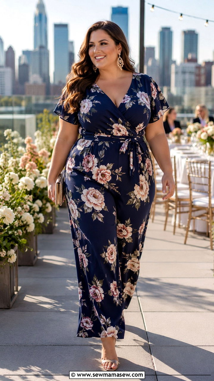Floral Print Jumpsuit with Strappy Sandals - 30 Plus size wedding guest outfits spring