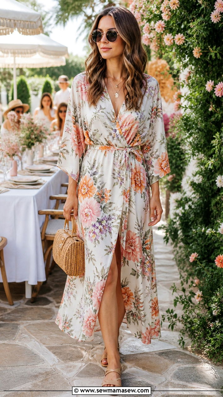 Floral Print Kimono Dress With Flat Sandals - 40 Boho spring outfits