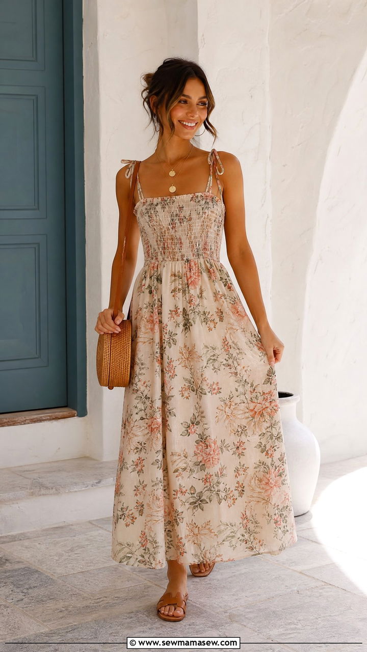 Floral Print Linen Maxi Dress With Flat Sandals - 30 summer linen dress outfit ideas