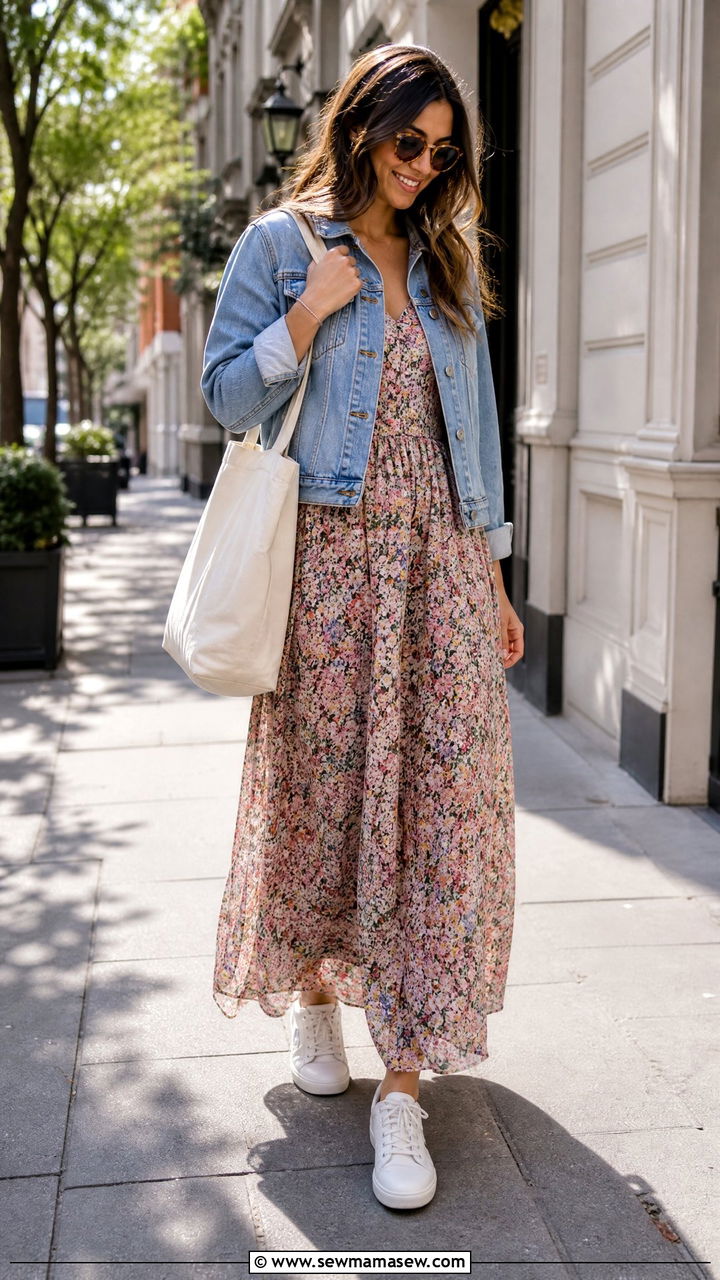 Floral Print Maxi Dress With Denim Jacket And Sneakers - 35 maxi dress outfits for women