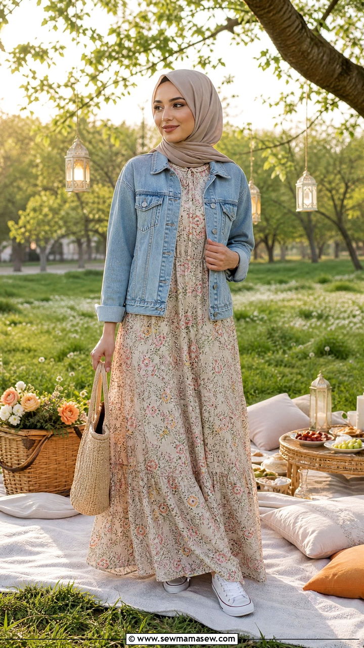 Floral Print Maxi Dress With Denim Jacket - 25 March Ramadan outfit ideas