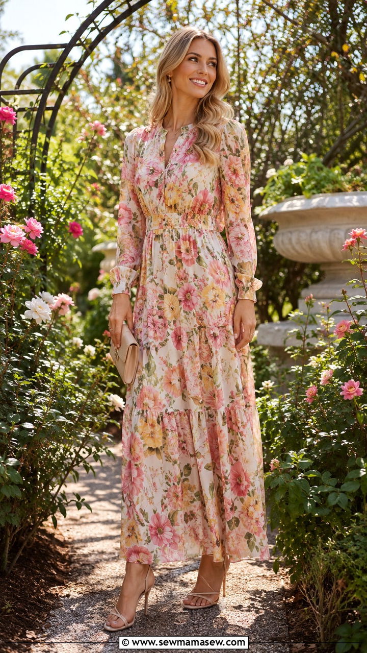 Floral Print Maxi Dress With Strappy Heels - 25 Photoshoot outfits for tall women