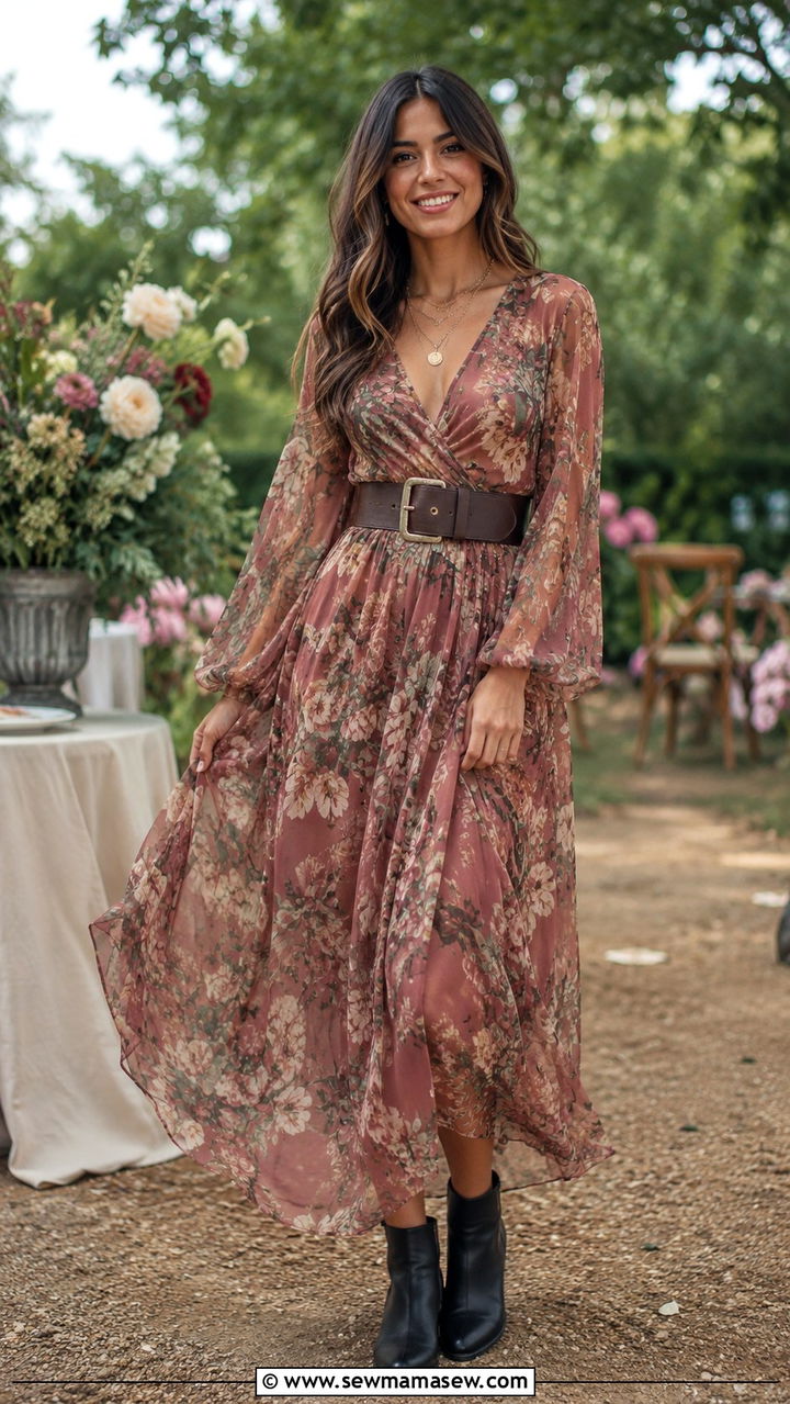 Floral Print Maxi Dress and Ankle Boots - 20 Boho outfit ideas Sienna Miller style