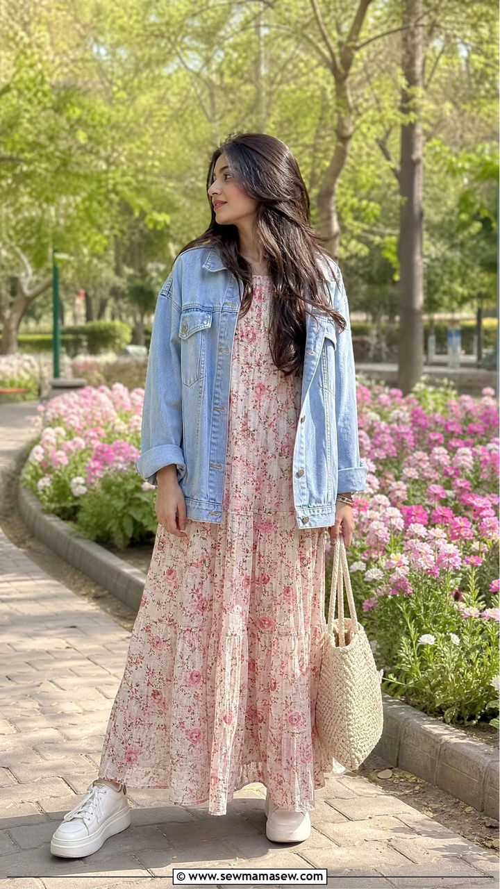 Floral Print Maxi Dress with Denim Jacket - 30 Eid outfit ideas for teens