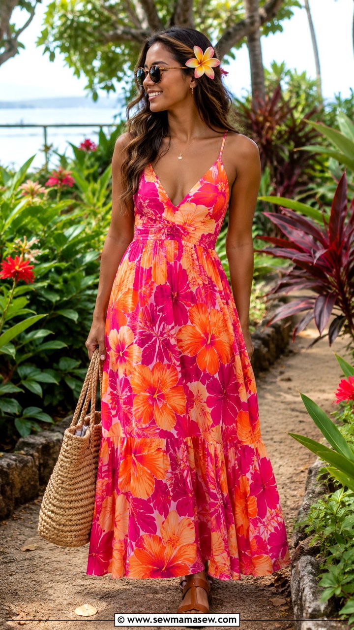 Floral Print Maxi Dress with Flat Sandals Hawaii - 30 Resort wear outfit ideas Hawaii