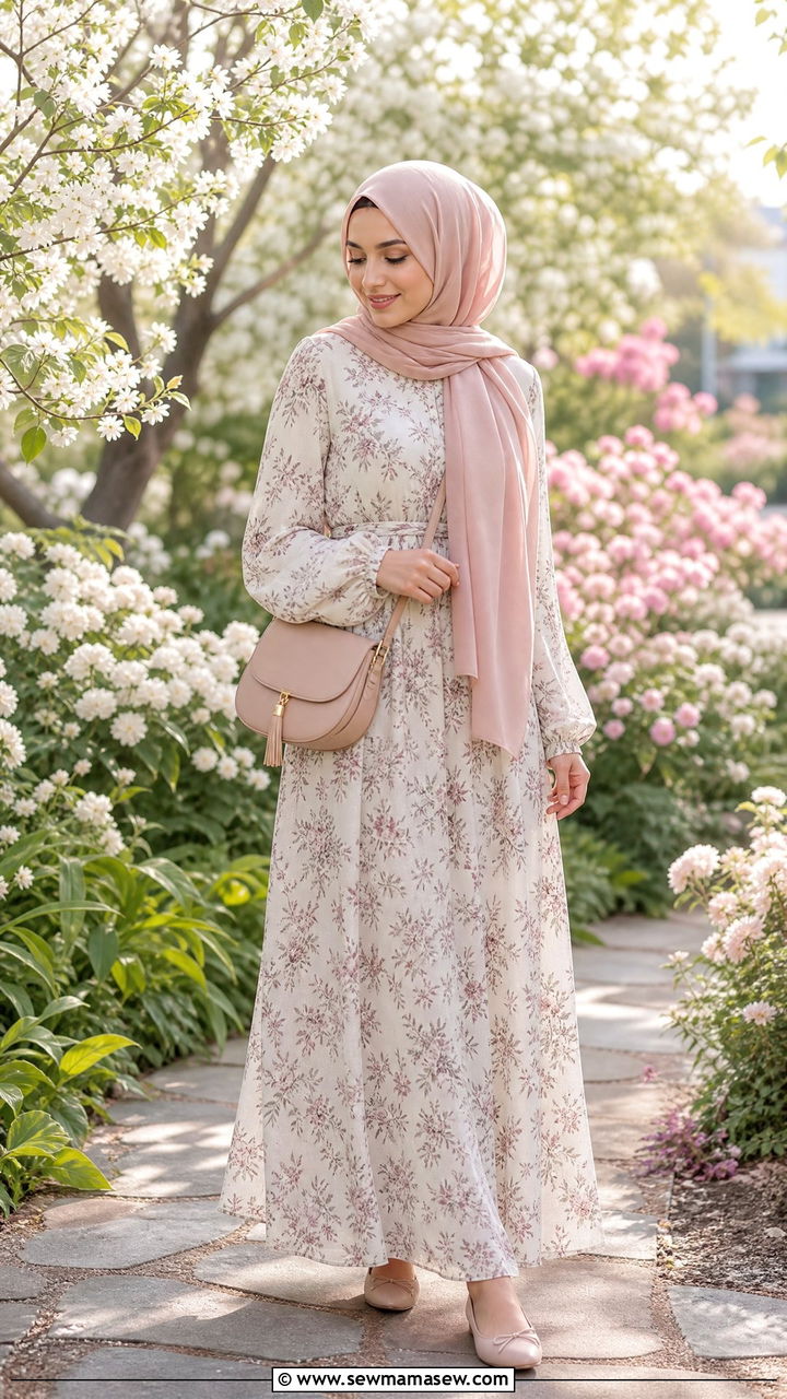 Floral Print Maxi Dress with Solid Pastel Hijab - 30 Eid outfit ideas with hijab