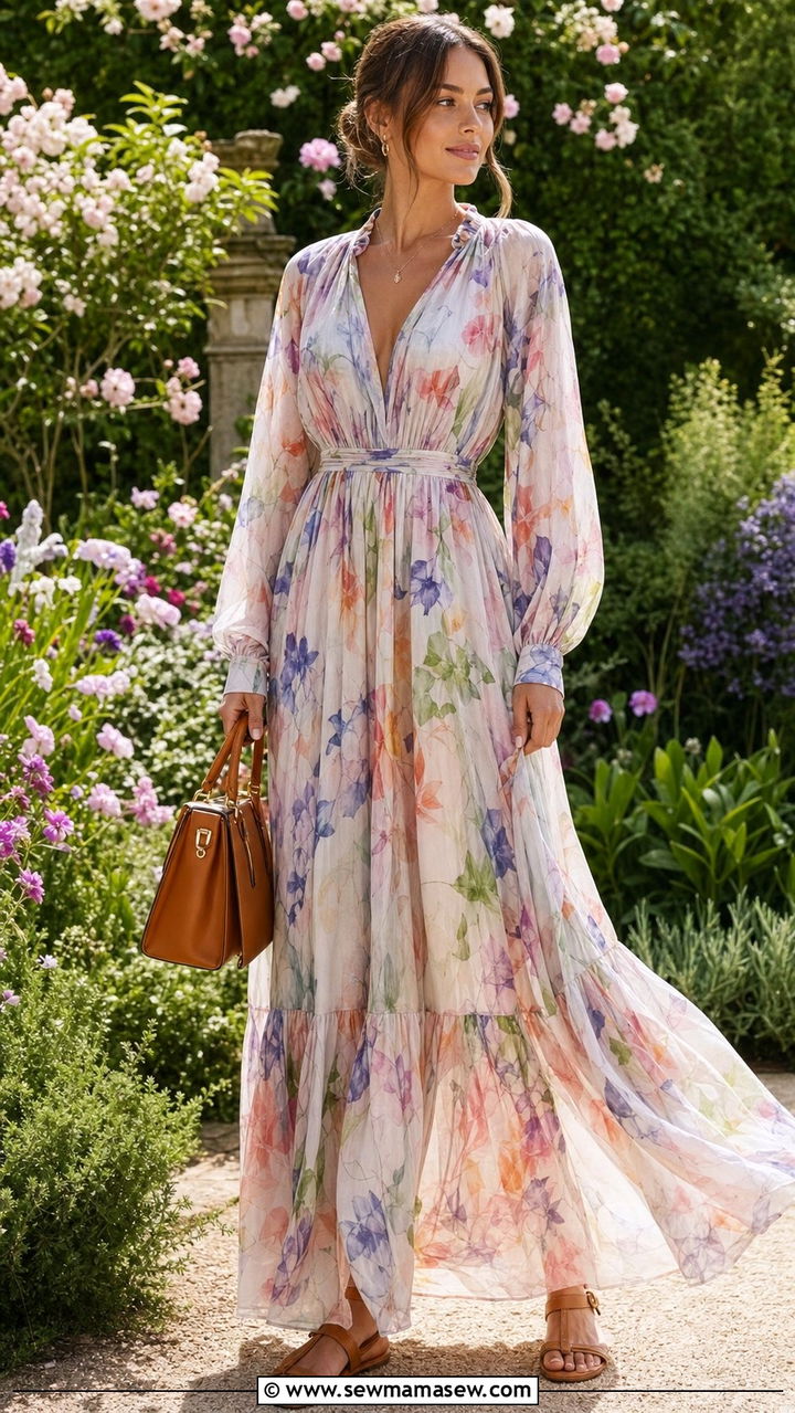 Floral Print Maxi Dress with Structured Handbag Outfit - 25 elegant outfits 2026
