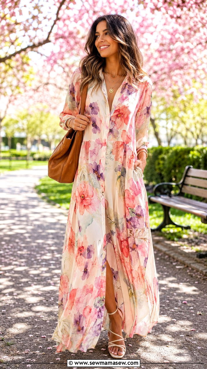 Floral Print Maxi Shirt Dress With Strappy Sandals - 30 Spring outfits with shirt dresses