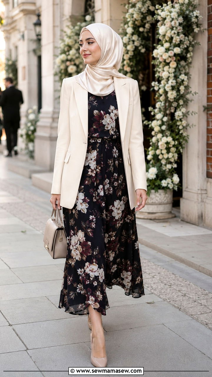 Floral Print Midi Dress With Blazer And Hijab - 30 Modest wedding guest outfit ideas with hijab