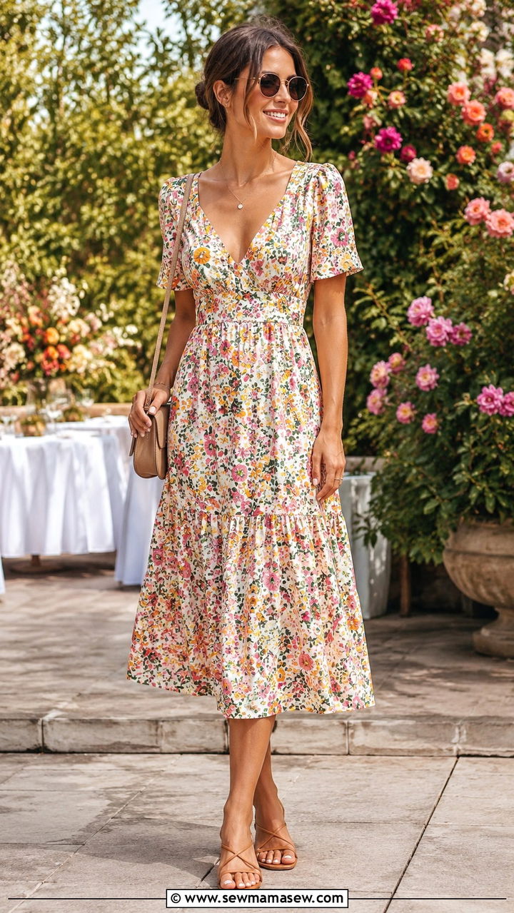 Floral Print Midi Dress With Strappy Sandals - 30 Midi dress outfit ideas for summer