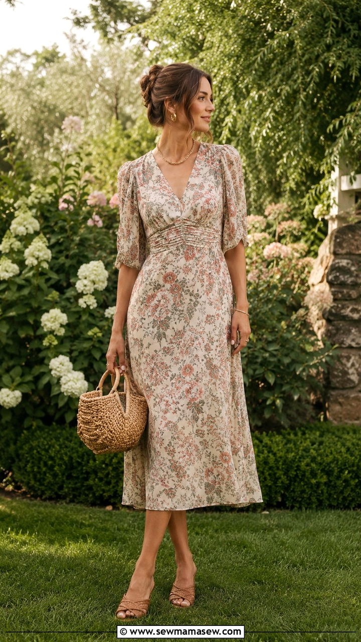 Floral Print Midi Dress With Woven Accessories - 30 Old money wedding guest outfits