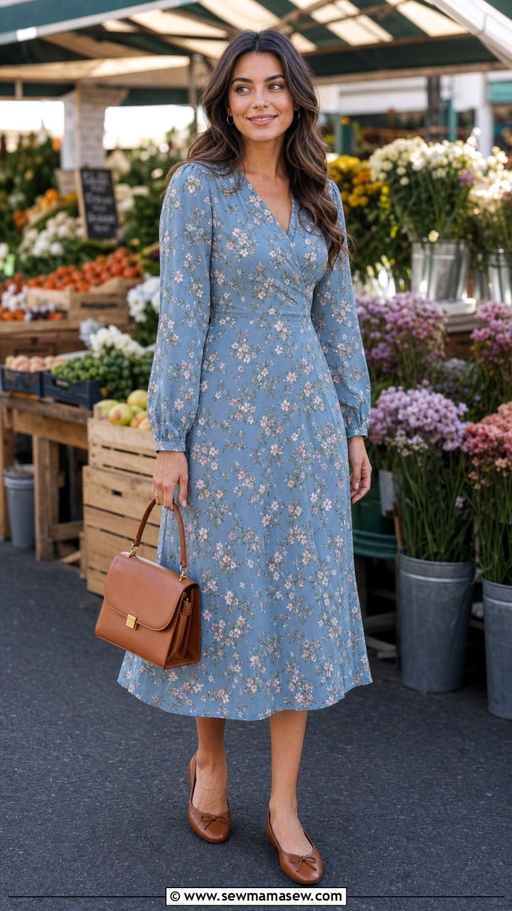 Floral Print Midi Dress with Ballet Flats - 25 classy outfits for modest women