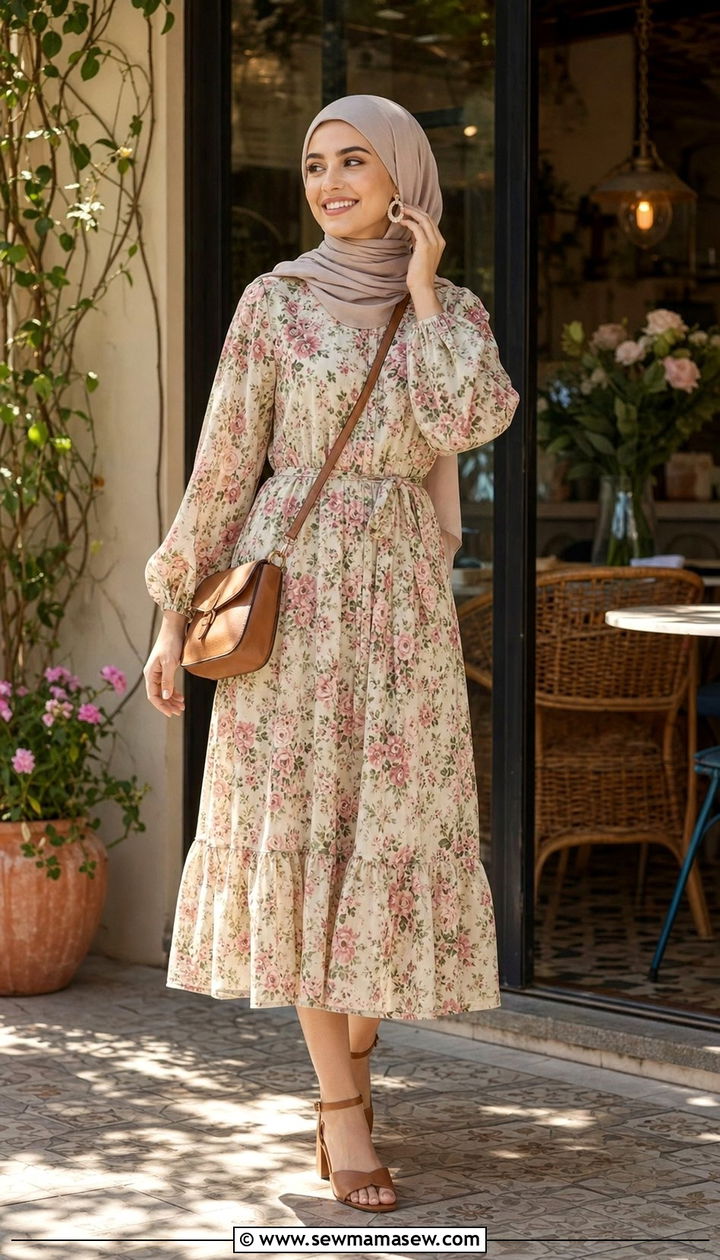 Floral Print Midi Dress with Block Heels - 25 Eid al Fitr outfit ideas 2026
