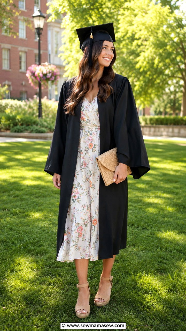 Floral Print Midi Dress with Espadrille Wedges - 30 Graduation cap and gown outfit ideas