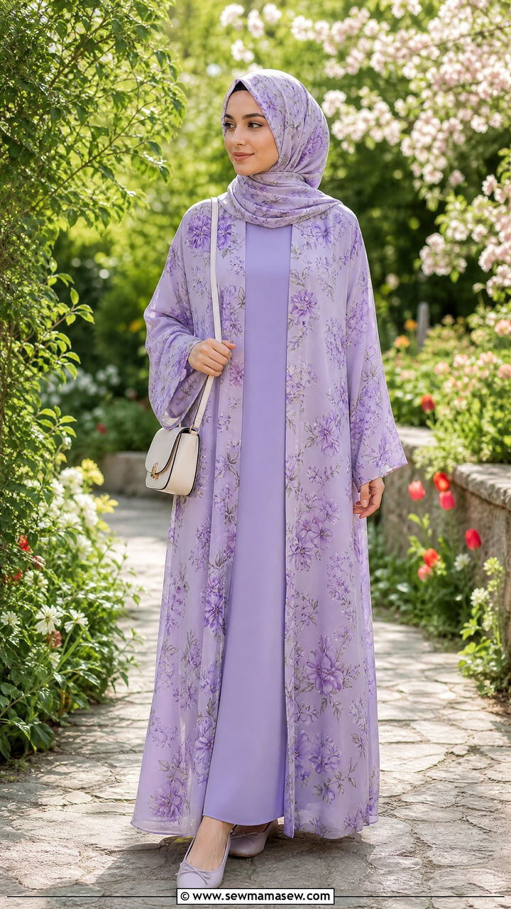Floral Print Open Abaya With Inner Dress - 30 Eid outfit ideas for hijabis